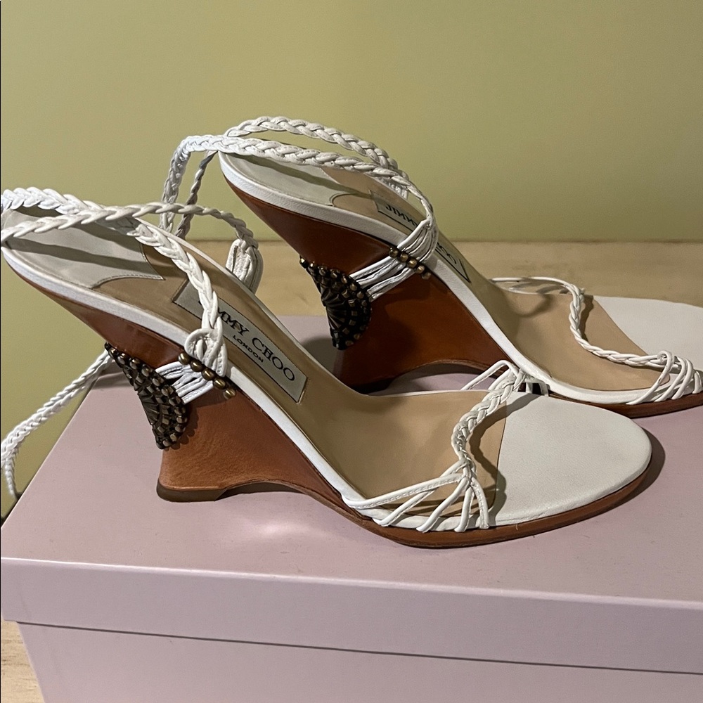 Jimmy Choo White Braided Wedge Sandals